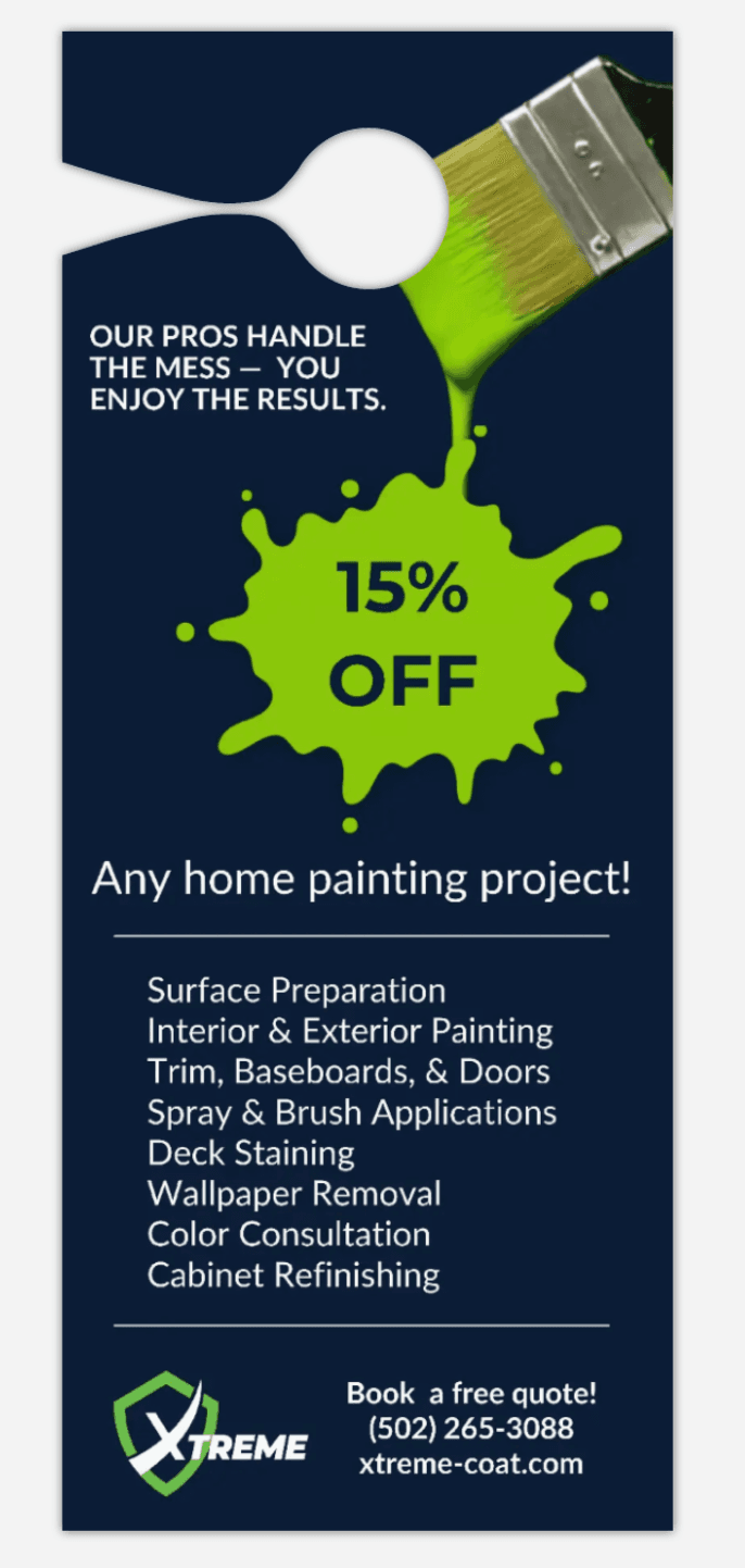 Xtreme door hanger — front, 15% off home painting promo with services list