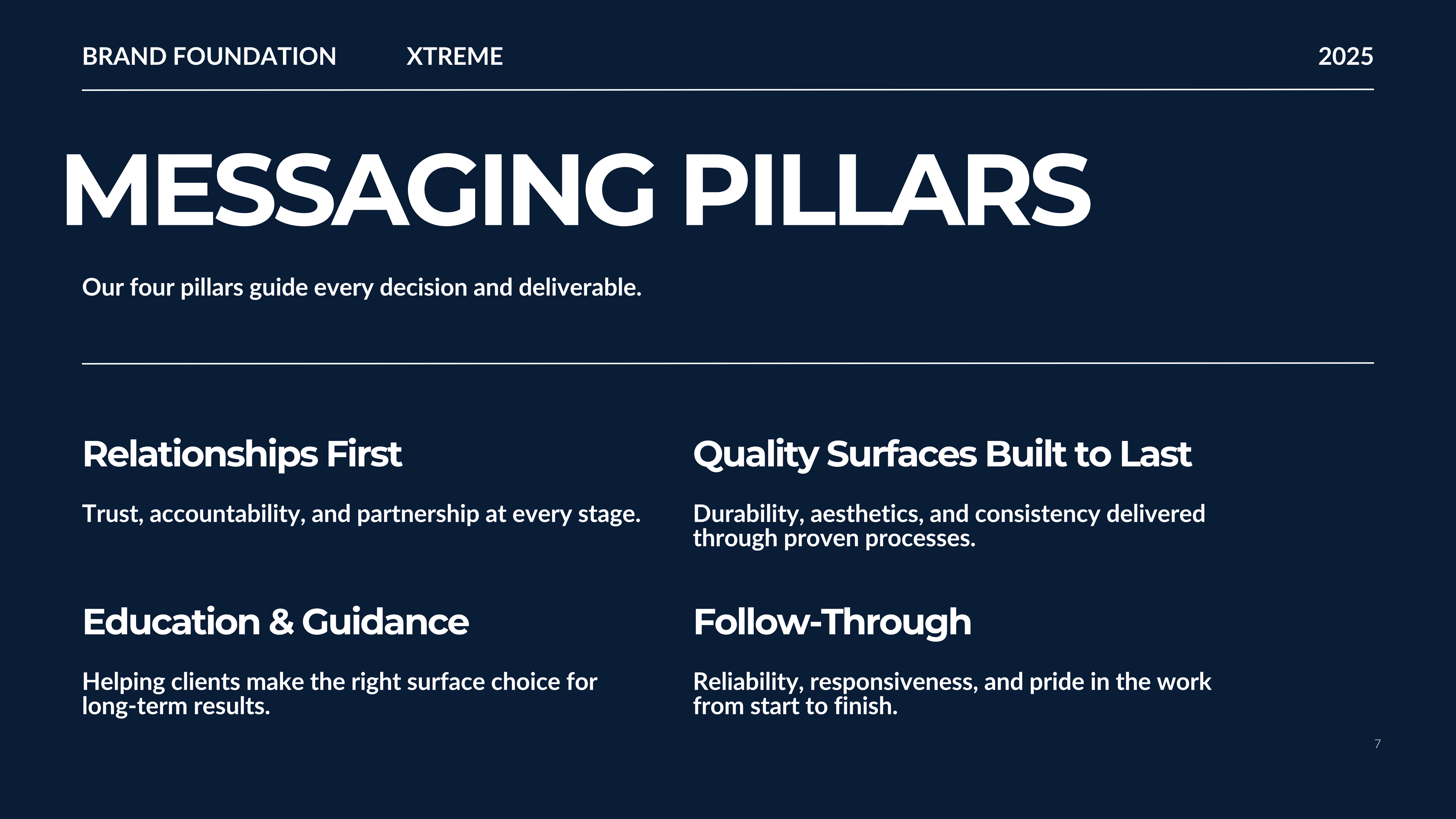 Messaging Pillars — relationships, quality, education, follow-through