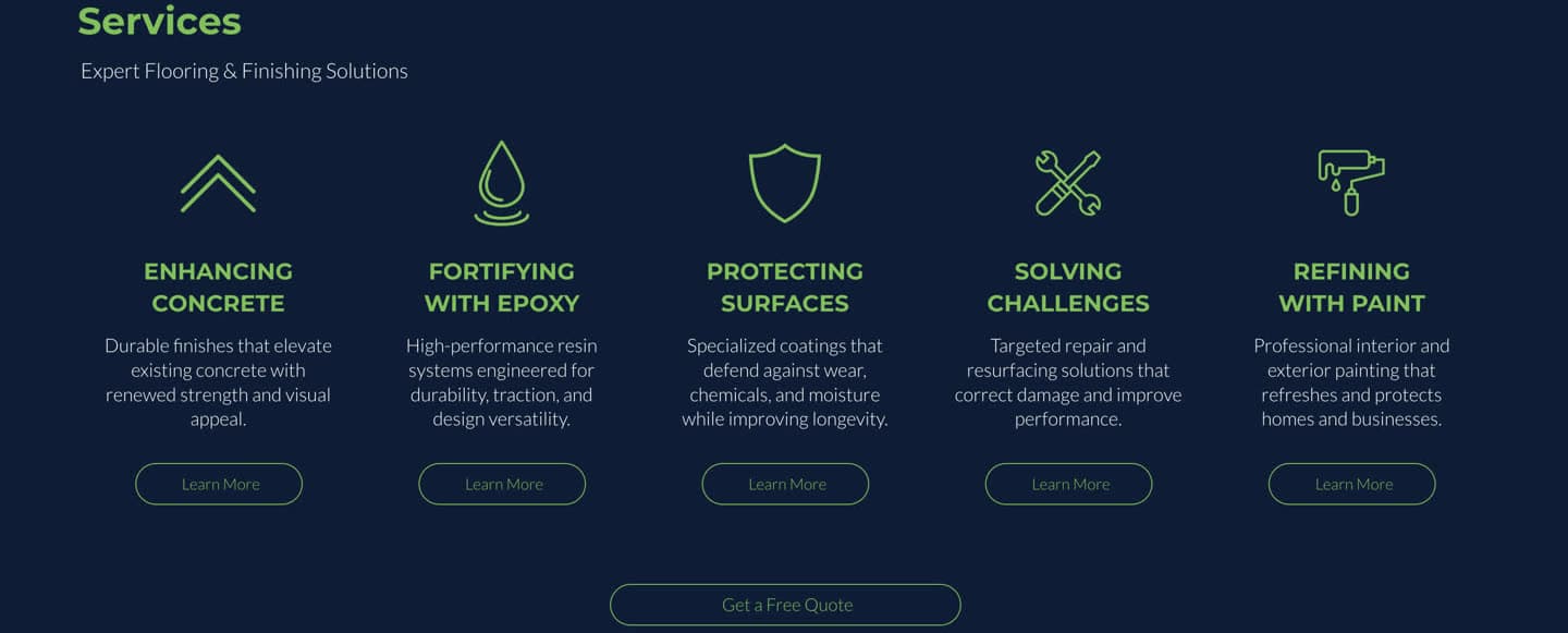 Xtreme site — five-service grid (Concrete, Epoxy, Surfaces, Challenges, Paint)
